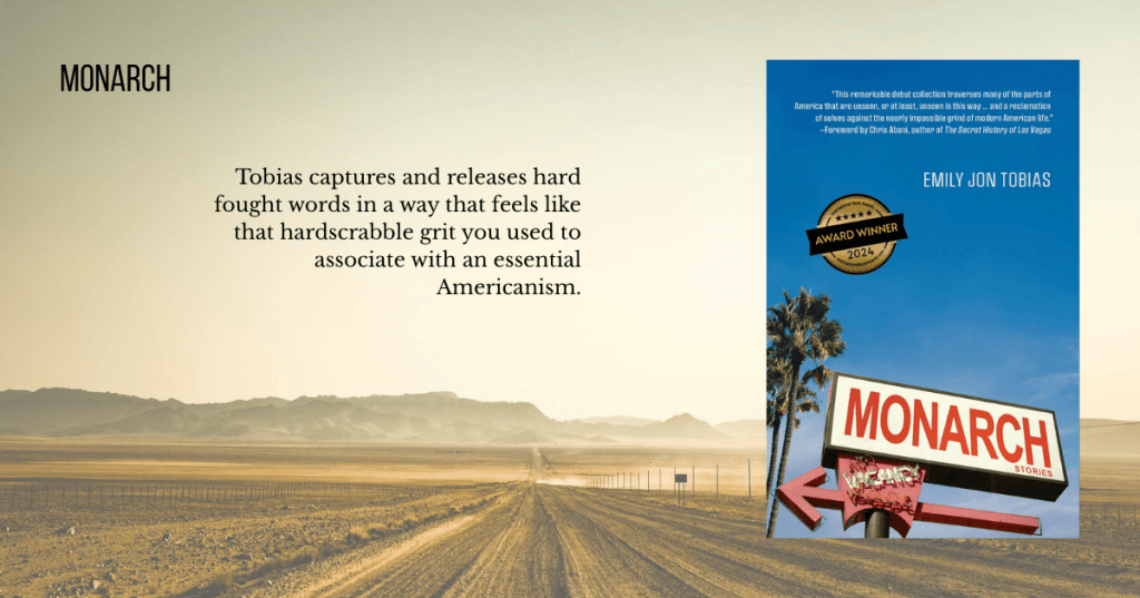 Dusty road background and book cover of Emily Jon Tobias' short story collection, Monarch.